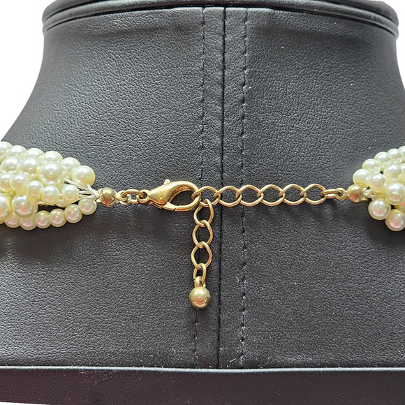 Faux Pearl Statement Necklace Multi Strand Cream Enamel Flowers Gold Tone Leaves - Picture 3 of 7